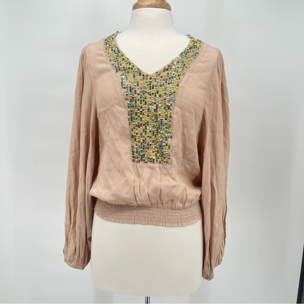 Anthropologie Maeve Kristie Sequin Peasant Blouse Peach Size Small